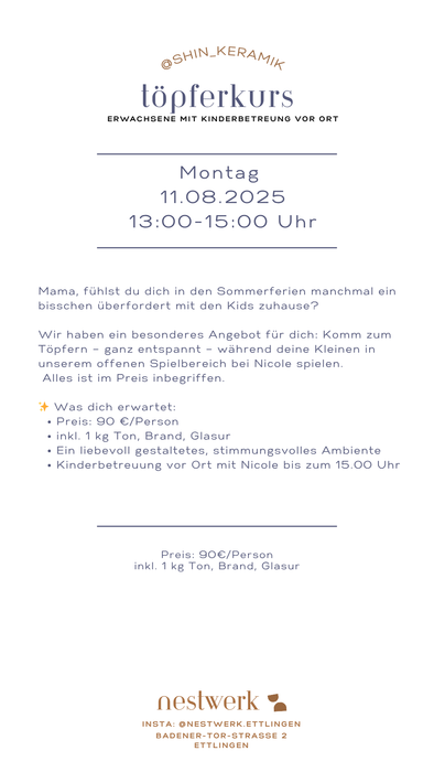 Töpfernachmittag mit Kate (Erwachsene mit Kinderbetreuung vor Ort)